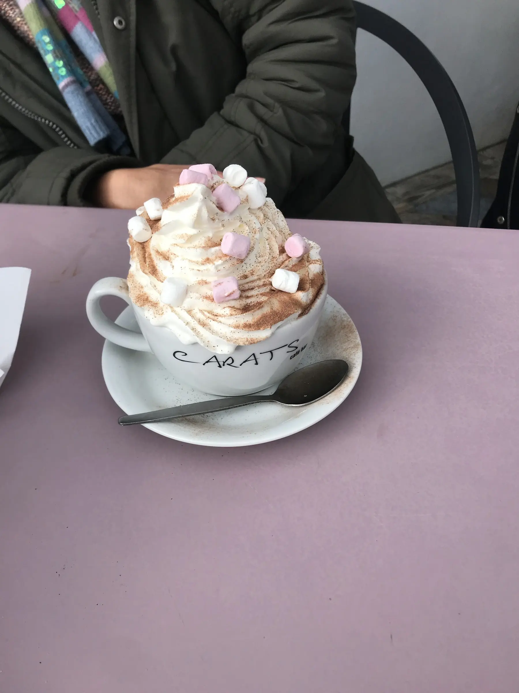 Hot chocolate with cream and marshmallows in a Carats cup