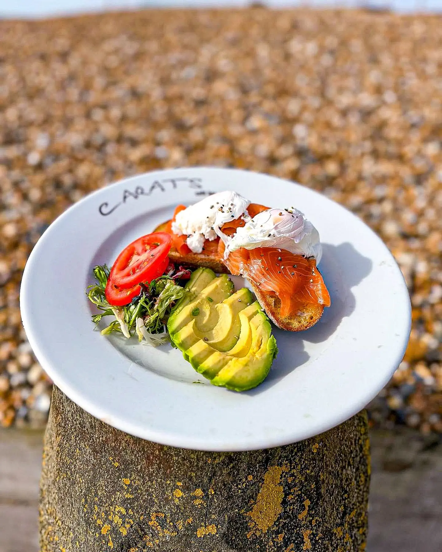 Salmon, poached egg, avocado and tomato on a Carats plate, set on a groyne post on the shingle